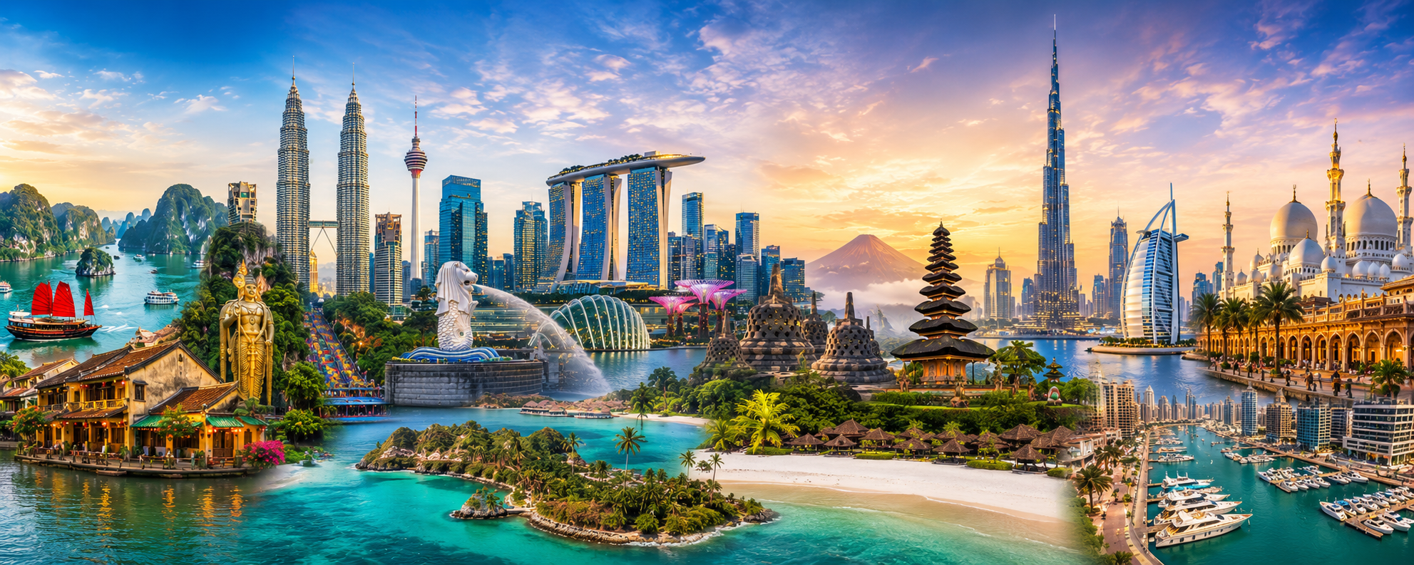 Panoramic travel destinations across Asia